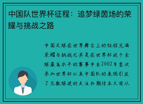 中国队世界杯征程：追梦绿茵场的荣耀与挑战之路