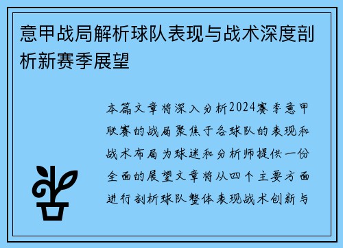 意甲战局解析球队表现与战术深度剖析新赛季展望